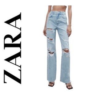 ZARA Light Wash High Rise Distressed Button Fly Straight Leg Jeans Size 6